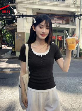 ZH回力女款假两件短袖T2026新款撞色设计显瘦百搭休闲短袖上衣