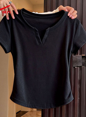 ZH回力黑色短袖t恤女2026新款夏季V领修身显瘦小个子短款上衣服