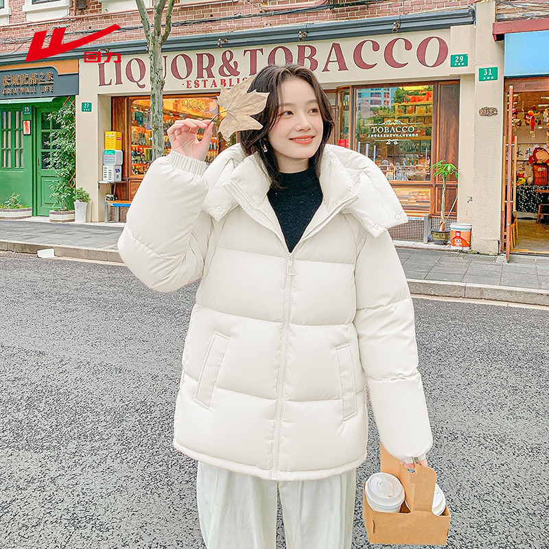 回力白色棉服连帽保暖面包服外套