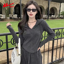 回力黑色运动套装女士2025新款百搭连帽卫衣糯米裤小个子早秋穿搭