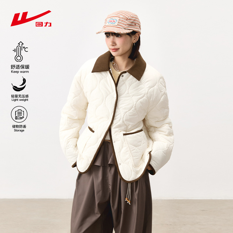 回力翻领棉服女撞色棉衣外套女