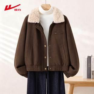 回力咖色翻领夹棉工装夹克上衣女款2026秋冬季新款棉服灯芯绒外套