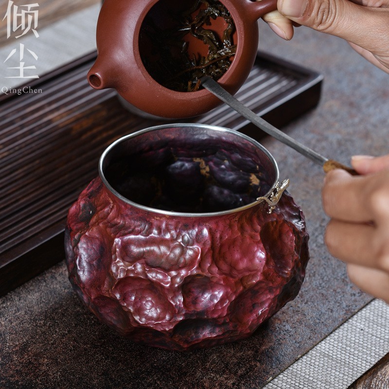 极速纯手工捶打紫铜建水仿古茶渣缸水盂笔洗茶水盆茶钵茶洗锡边银