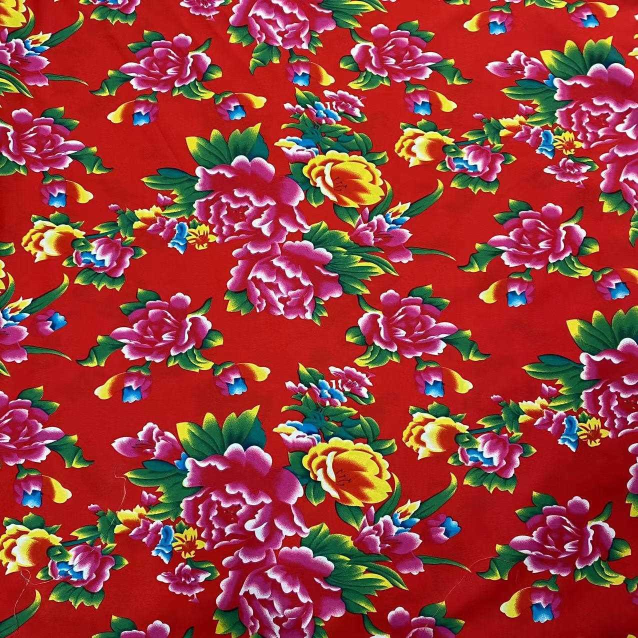 新款直销东北大花布面料 大花加厚桃皮绒印花面料 棉服羽绒服面料