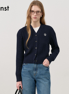 Dunst【白逸帆同款】女士徽章刺绣V领扭花条纹针织开衫UDSW4C204