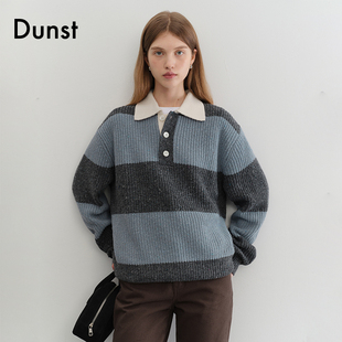 Dunst中性休闲宽松橄榄球风撞色翻领条纹毛衣针织衫UDSW5C114