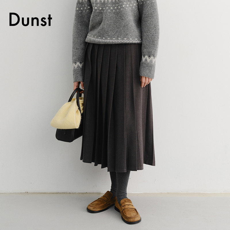 Dunst2025冬季新品女士半身裙简约干练褶裥装饰长裙UDSK5D221