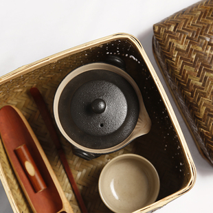 竹编茶具收纳盒功夫茶道旅行便携日式 带盖工艺品竹篮中式 茶箱袋子