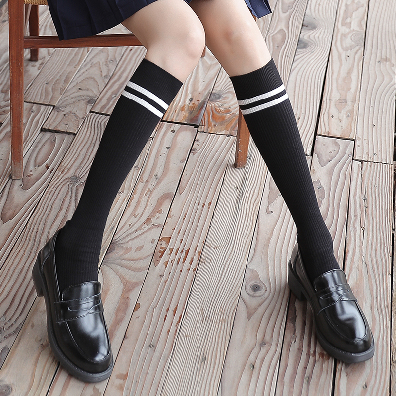 长筒jk小腿袜子女学院风条纹高筒过膝袜防滑显瘦中筒及膝学生长袜