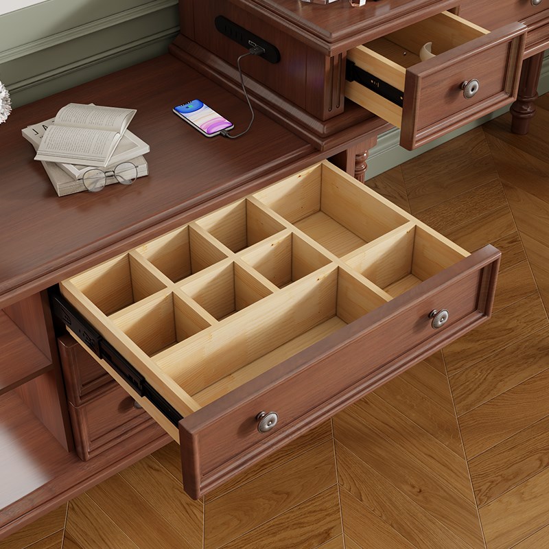 美式法式复古小户型卧室斗柜梳妆台一体可伸缩转角胡桃色化妆桌