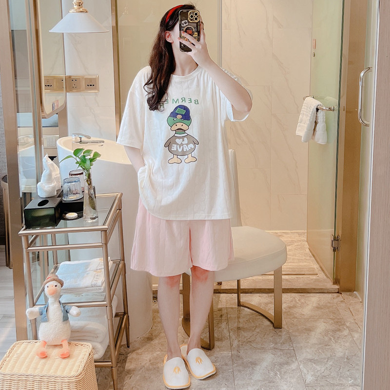夏天睡衣女短袖T恤套装网红加肥加大码胖mm200斤纯棉卡通家居服男