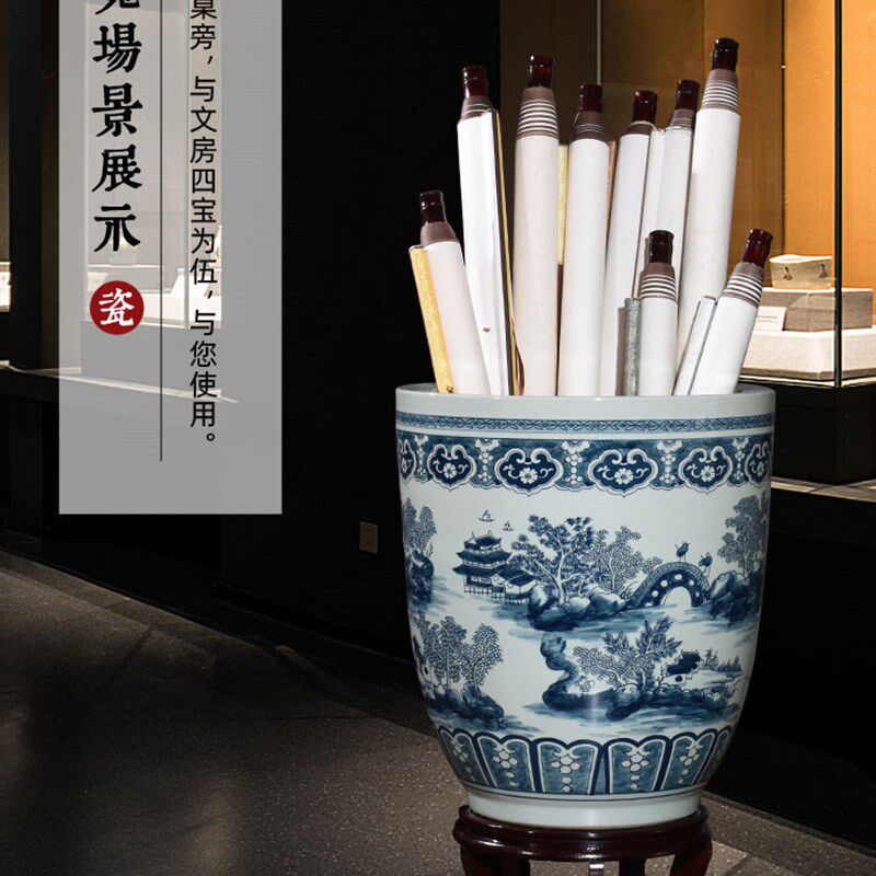 景德镇陶瓷书画缸卷轴缸画筒收纳缸客厅落地大号摆件复古缠枝莲高
