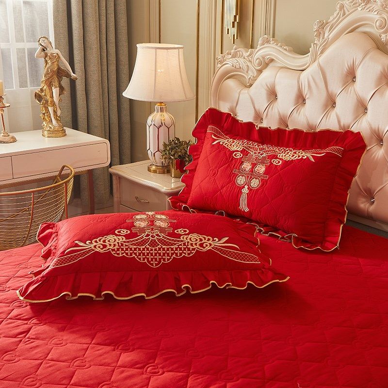 全棉高端绣花结婚喜庆大红色枕套一对装纯棉48x74cm枕头芯内胆套