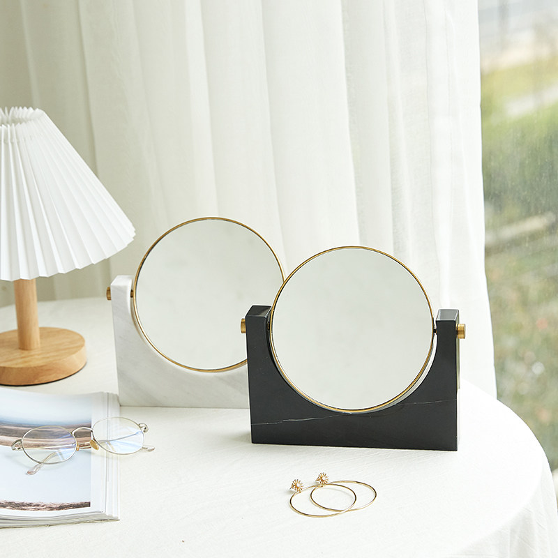 北欧轻奢大理石化妆镜子台式桌面大号圆形双面梳妆镜卧室公主镜