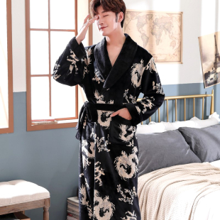 法兰绒睡袍男睡衣女情侣浴袍长款 龙袍加厚珊瑚绒家居服浴衣 秋冬季