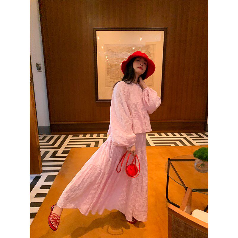 落落狷介 套装裙开春穿搭一整套女粉色两件套小个子衬衫+半身裙