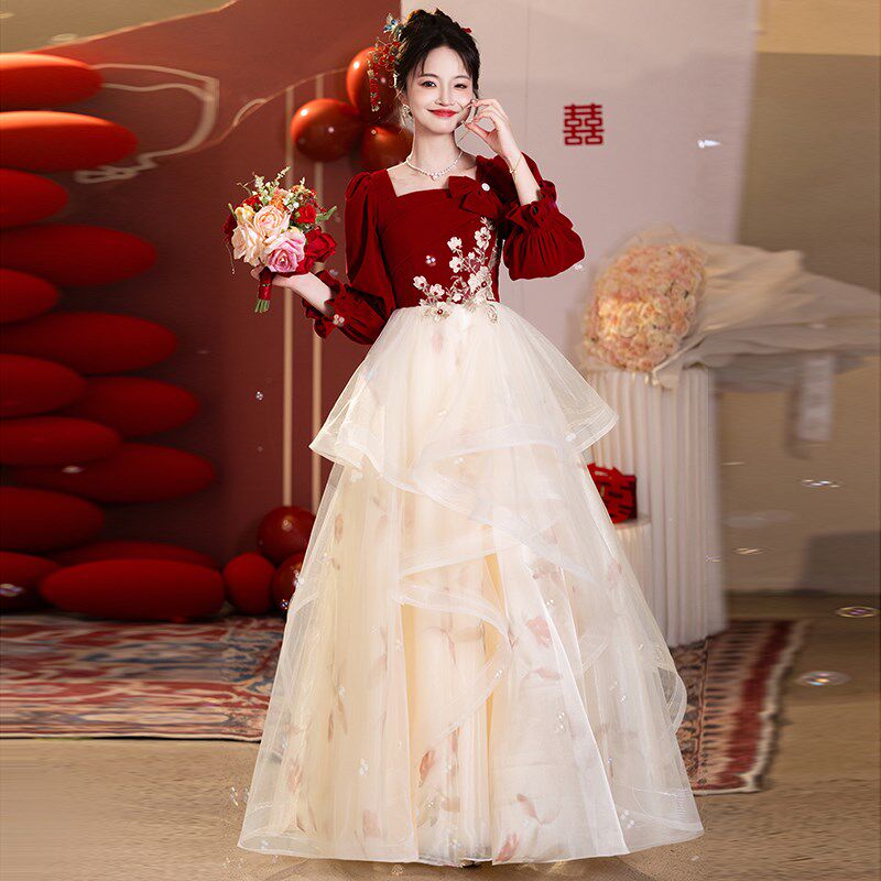 大码敬酒服新娘2024新款胖mm订婚晚礼服婚纱遮肚当天结婚回门长袖