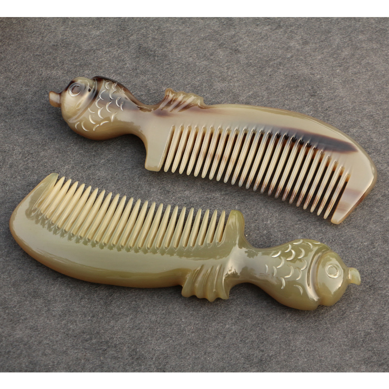 天然白牛角按摩手工雕刻梳子防静电密细齿粗大齿卷烫发梳长16厘米