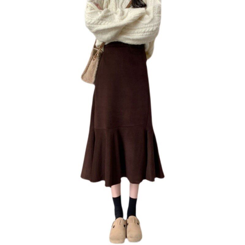 咖色毛呢半身裙女秋冬遮胯显瘦大码胖mm中长款开叉高腰包臀鱼尾裙