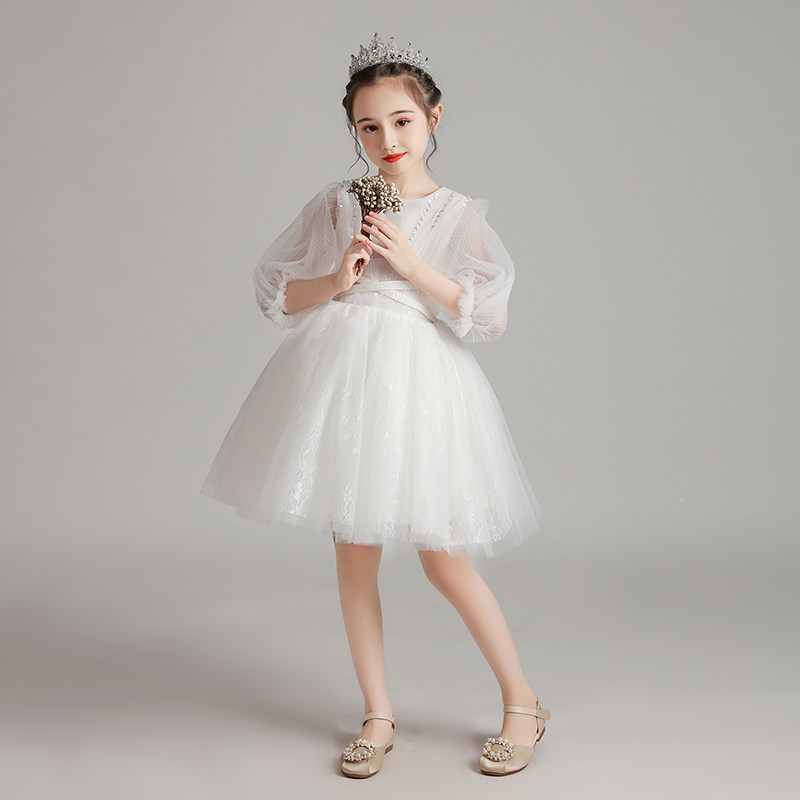 儿童礼服公主裙女童生日白色小女孩花童婚纱婚礼主持人钢琴演出服