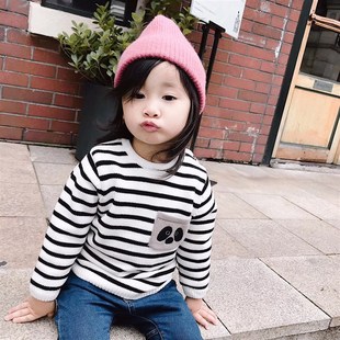 纯棉套头针织衫 2023秋1男童2女童韩版 4儿童3岁宝宝条纹圆领毛衣潮