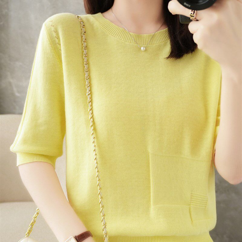 夏季女圆领针织衫纯棉高腰短款T恤套头短袖薄款镂空宽松百搭上衣