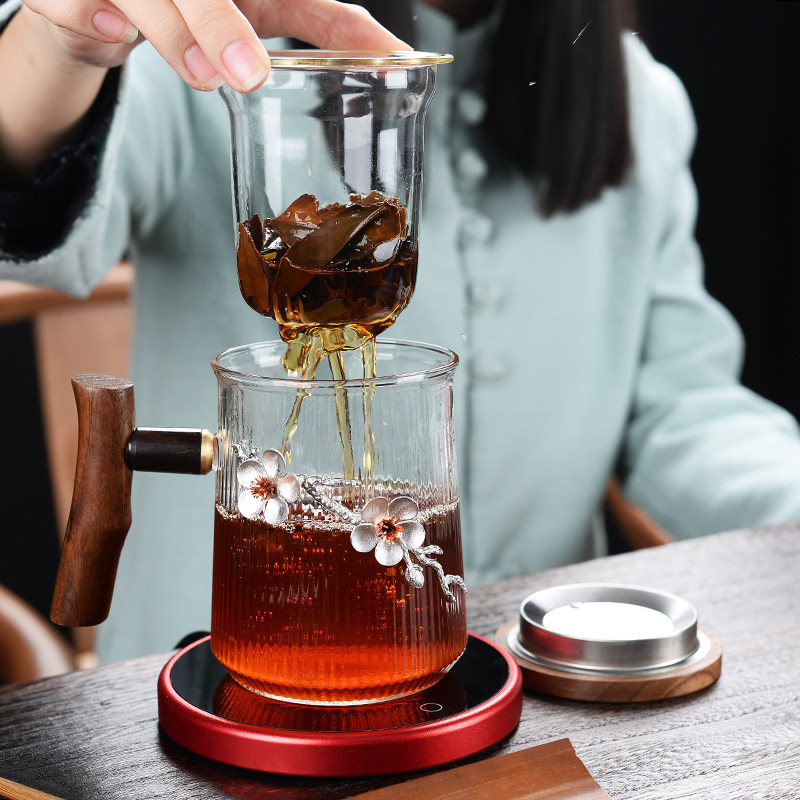 木把玻璃杯茶水分离花茶杯办公室梅花水杯家用耐热带盖带手把杯子