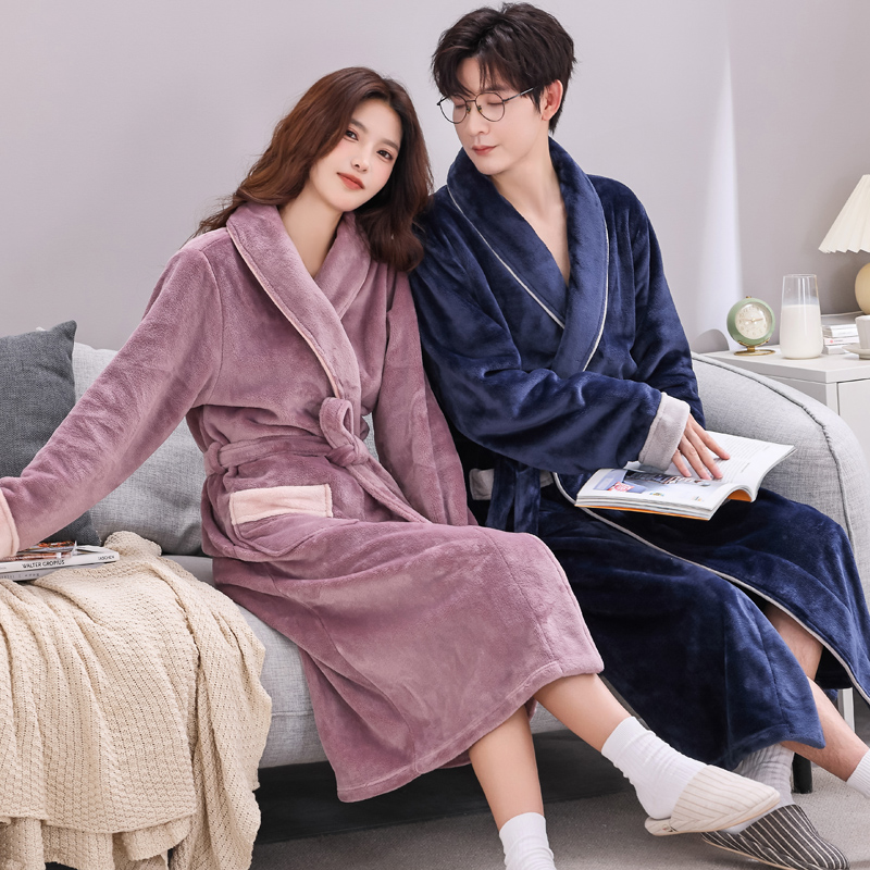 冬季珊瑚绒情侣浴袍男士加厚法兰绒睡袍女长版睡衣家居服秋冬浴衣