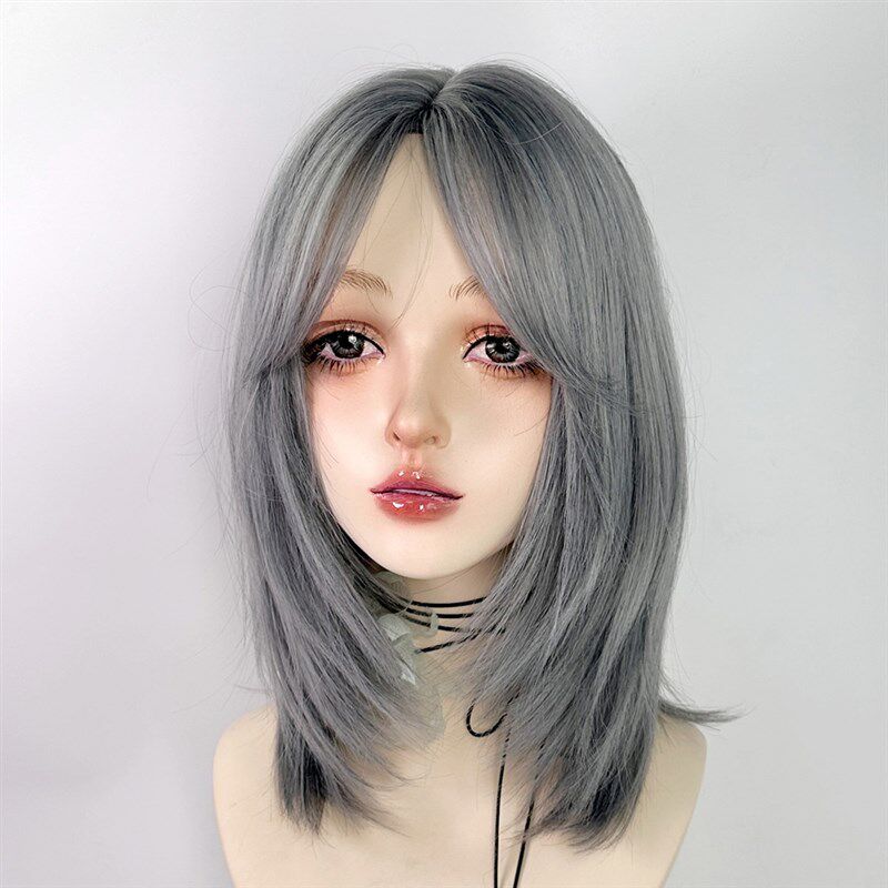 蓝色假发狼尾假发短发中分鲻鱼头灰蓝色男生女少年感亚文化全头套