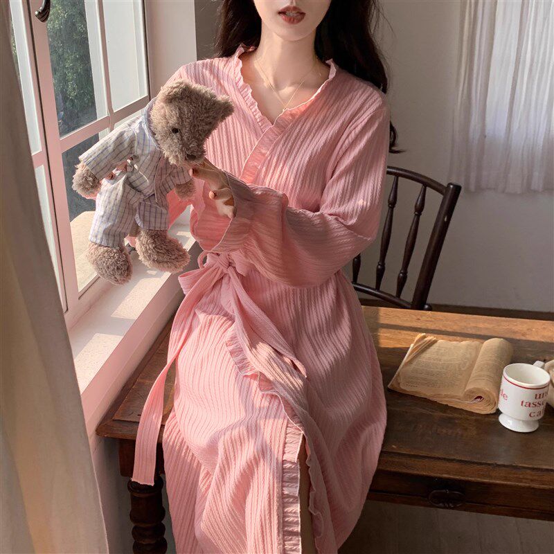 睡袍女秋冬季纯棉甜美系带浴衣浴袍长版春夏天薄款晨袍家居服睡衣