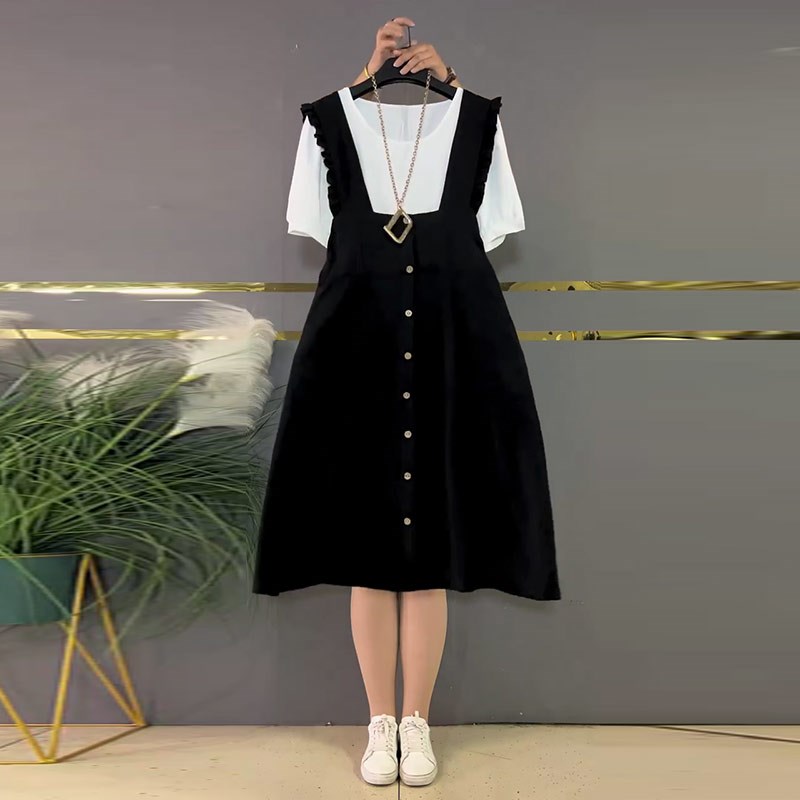 加肥圆领短袖T恤衫荷叶边纽扣背带裙胖妹妹休闲夏季款简约两件套