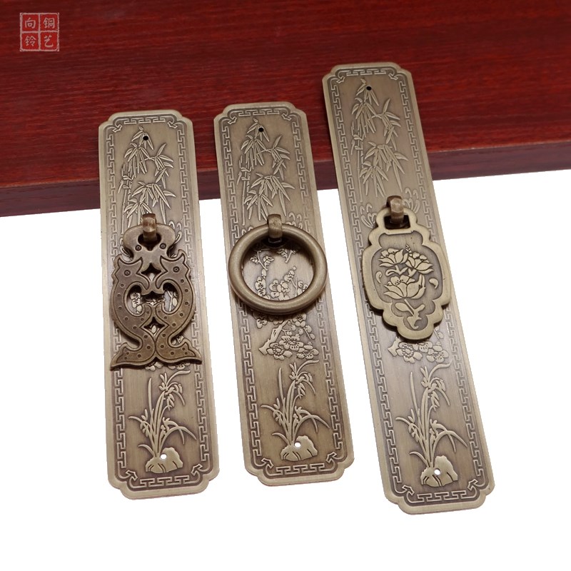 中式仿古纯黄铜拉手衣橱书柜门红实木家具铜配件复古刻花直条把手