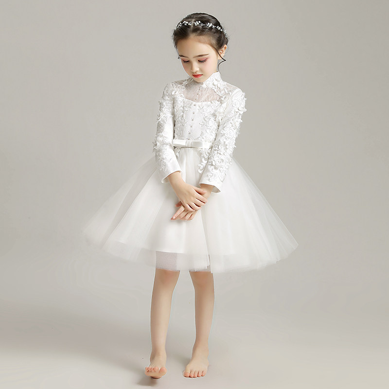儿童晚礼服公主裙婚纱女童长袖高贵小花童婚礼加绒白色洋气高端冬