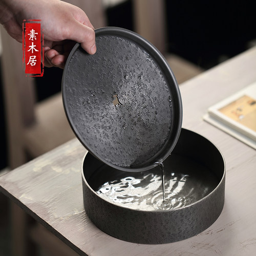 纯锡仿古茶盘手工圆形紫砂壶承干泡盘蓄水式小型茶台家用茶具托盘