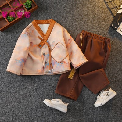 汉服男童加绒套装中国风儿童唐装民族古装新中式秋冬季国学表演服