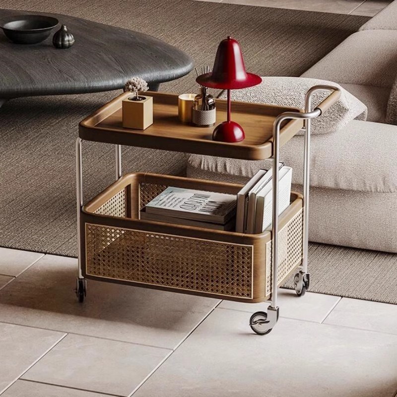 实木边几中古小推车可移动茶几客厅沙发边柜零食置物架藤编收纳架
