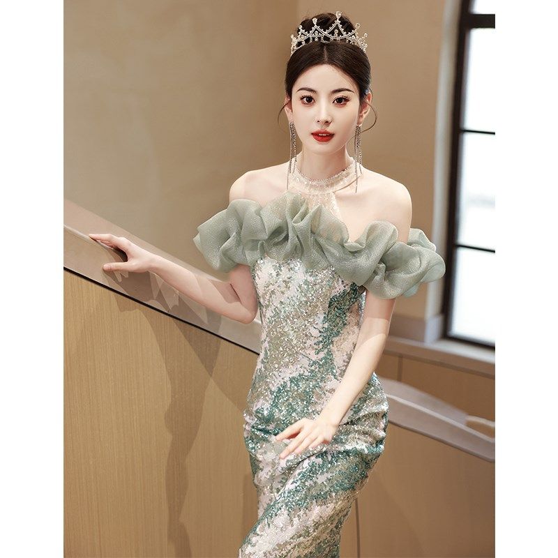 法式高端鱼尾裙名媛宴会气质晚礼服裙女亮片高级感长款性感主持人