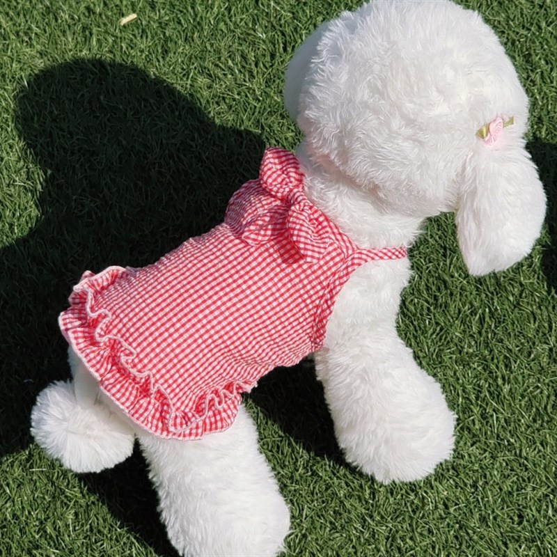小格子清新裙子宠物小型犬泰迪比熊博美贵宾狗狗猫咪公主衣服春夏