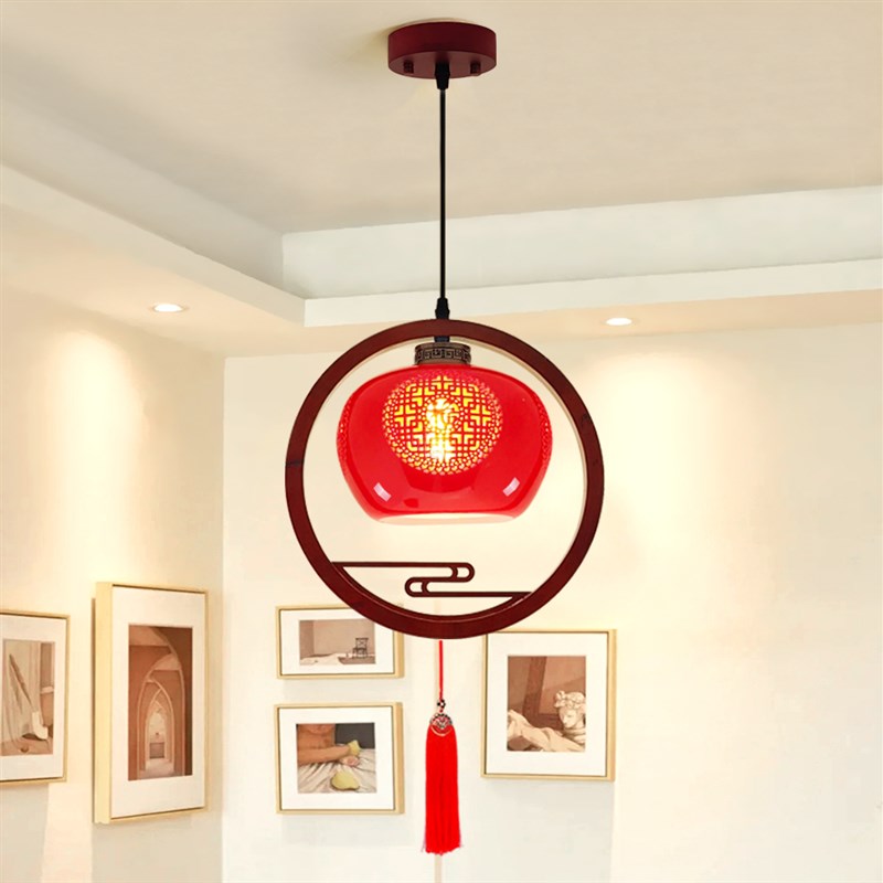 红色灯笼走廊过道单头阳台吊灯中国风陶瓷玄关入户小吊灯茶室书房