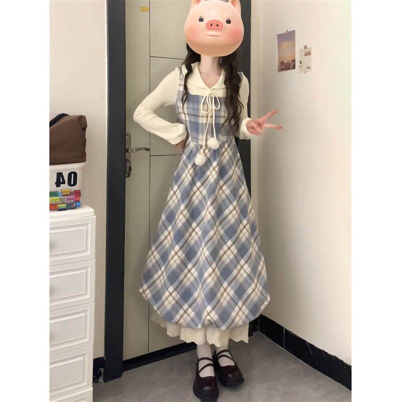 2025春季新款甜美温柔风毛球假两件拼接花苞连衣裙+蓝色短款外套
