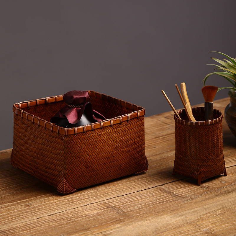 竹编复古筐日式收纳筐茶器茶杯茶具收纳盒精品茶盒家居篮子水果篮