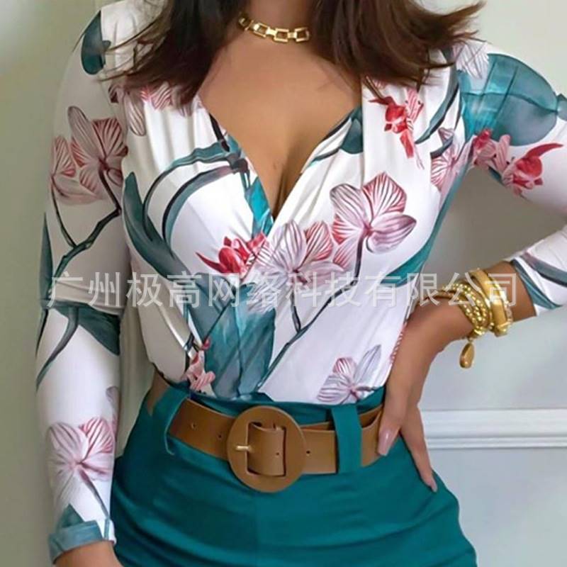 Spring Women Flower Printing Long Sleeve Pant Sets 2 Piece S