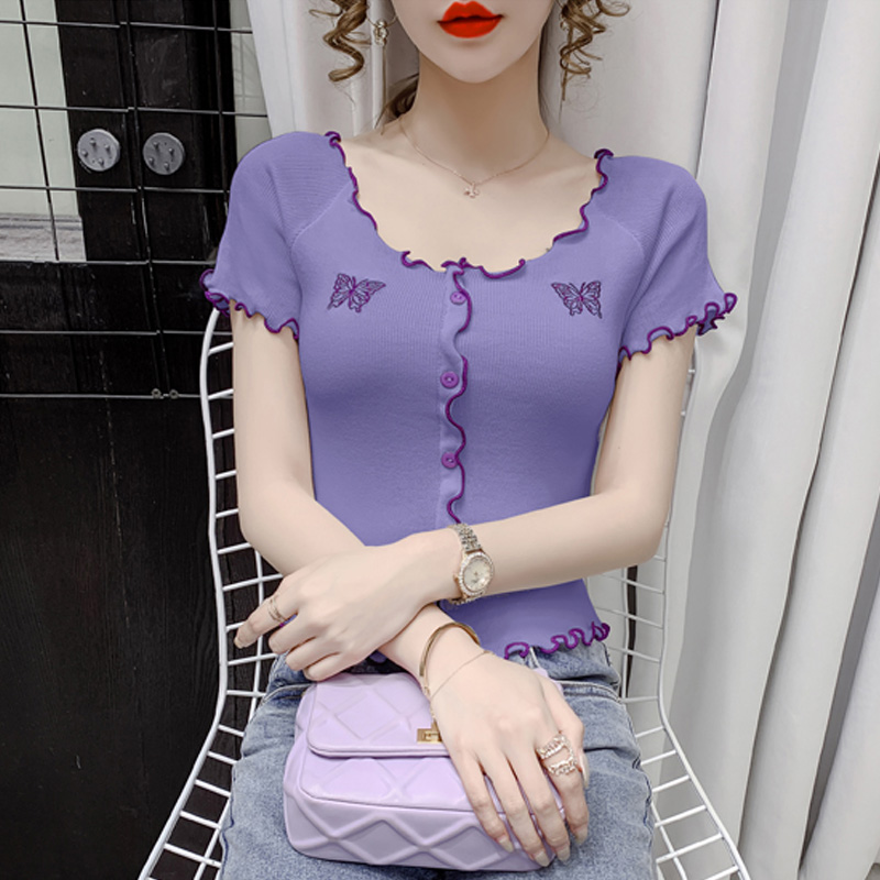 木耳边圆领短袖t恤女2024年新款夏装蝴蝶刺绣短款针织打底衫上衣