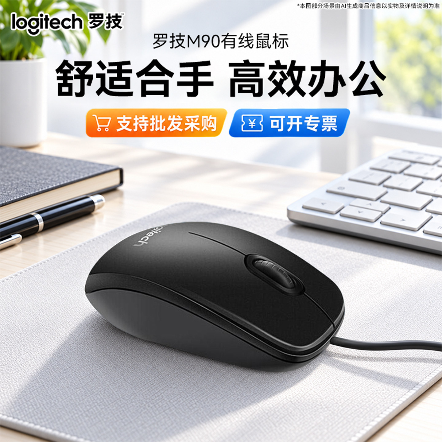 罗技M90有线鼠标商务办公台式机笔记本电脑家用通用对称批发专票