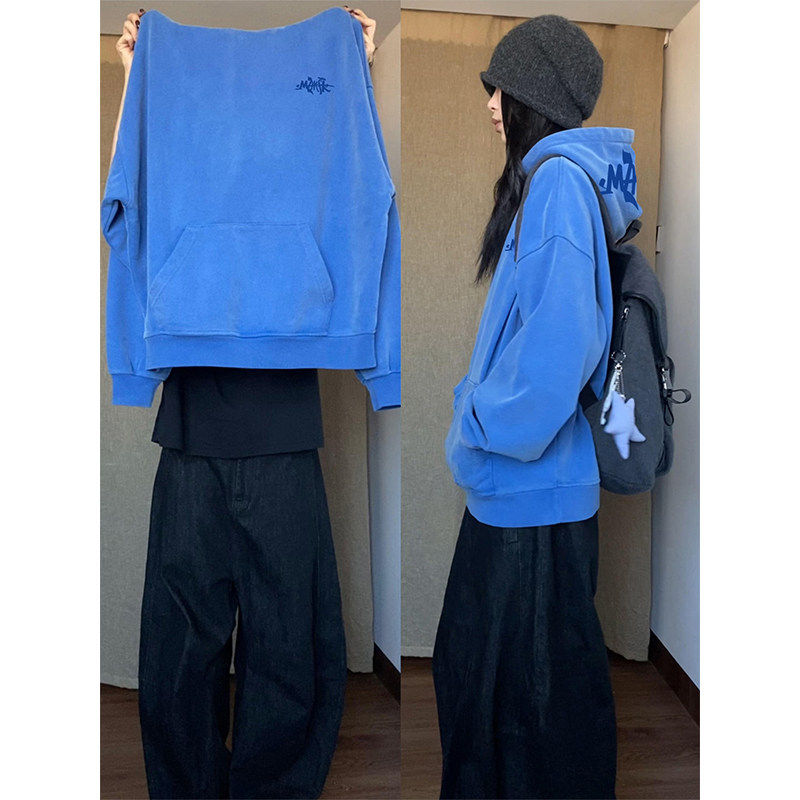 重磅蓝色连帽卫衣女秋冬加绒加厚美式复古休闲宽松慵懒风潮牌外套,个性定制/设计服务/DIY,棉服工装,淘宝优惠券,粉丝福利购,淘宝优惠卷