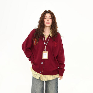 野生阿子美式假两件学院风红色毛衣女开衫慵懒风松弛感针织衫外套