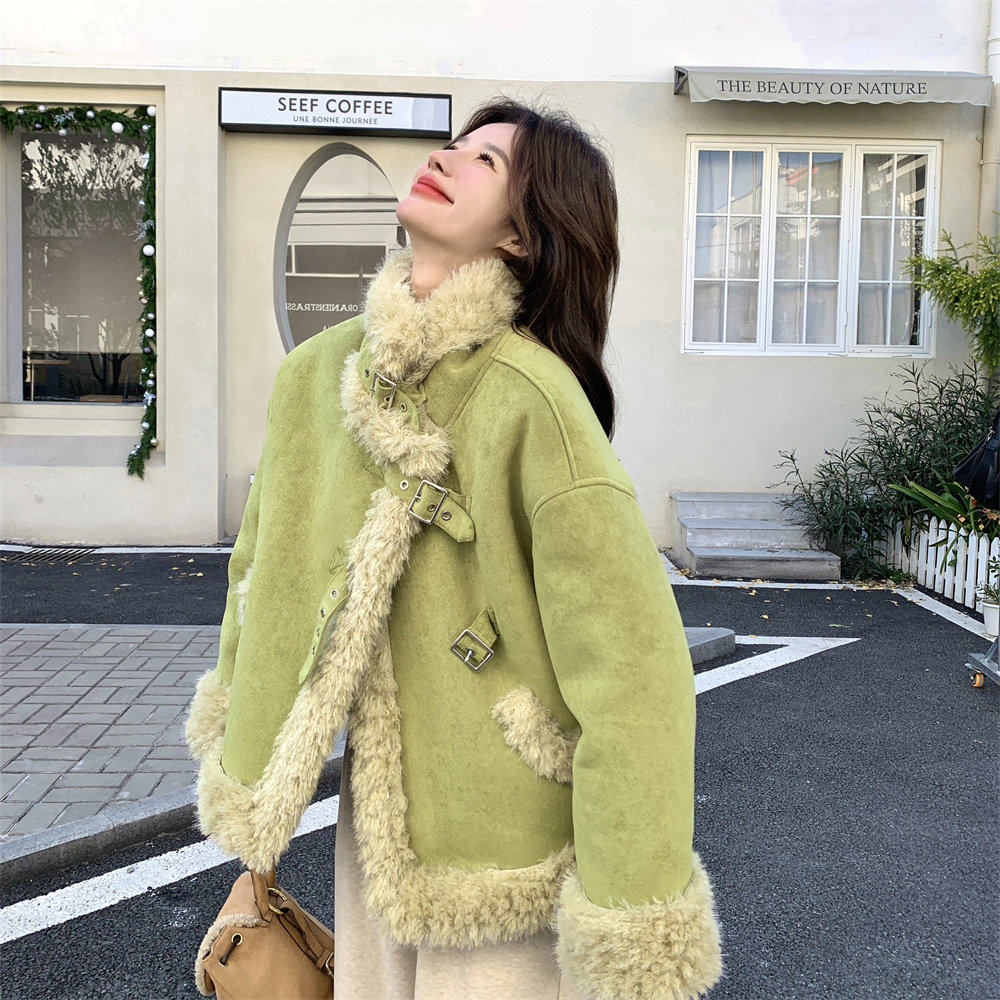 果绿色麂皮绒皮毛一体羊羔毛外套女冬2025新款小众设计感保暖棉服,个性定制/设计服务/DIY,棉服工装,淘宝优惠券,粉丝福利购,淘宝优惠卷