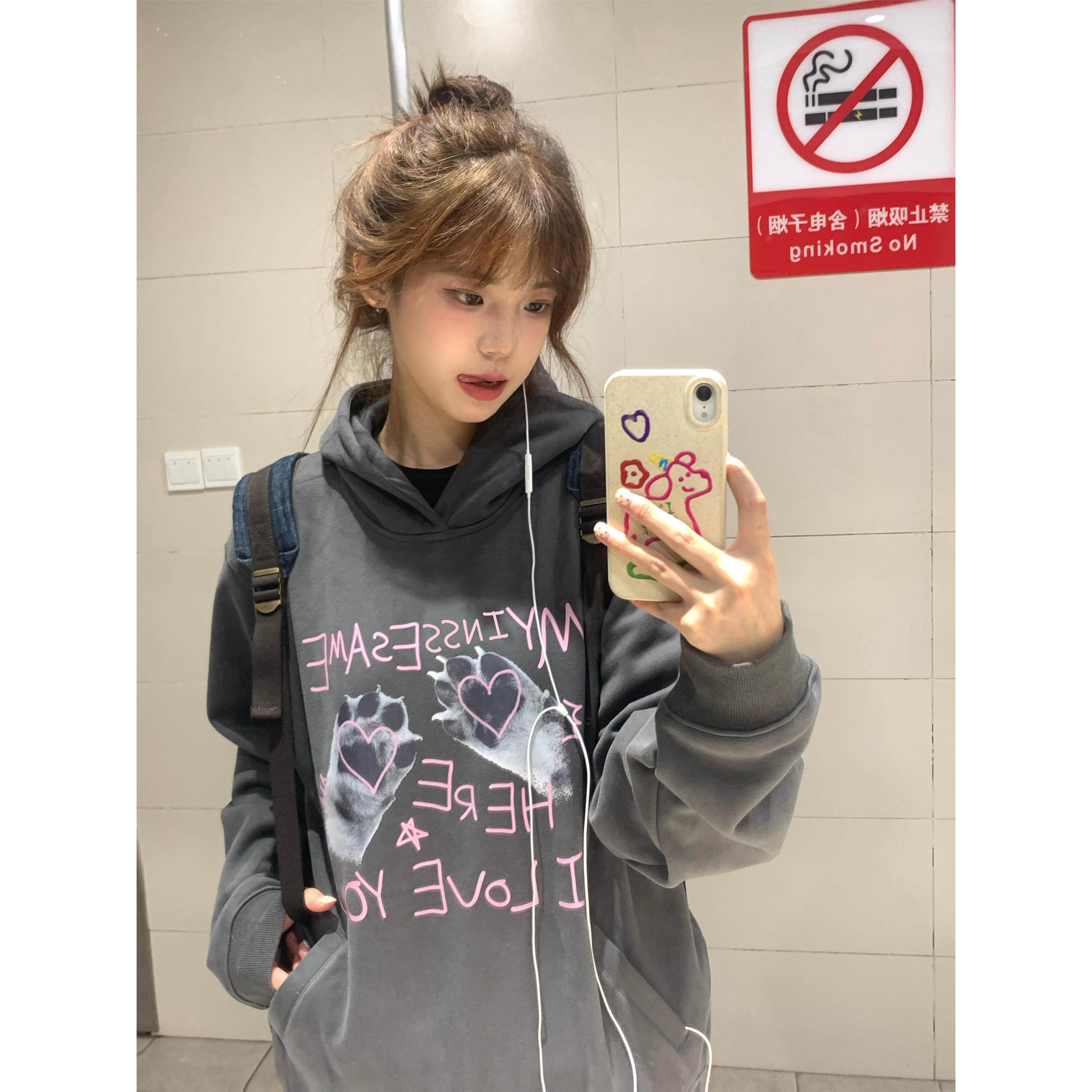 猫爪印花重磅加绒加厚连帽卫衣男女2025新款秋冬宽松美式慵懒外套,个性定制/设计服务/DIY,棉服工装,淘宝优惠券,粉丝福利购,淘宝优惠卷