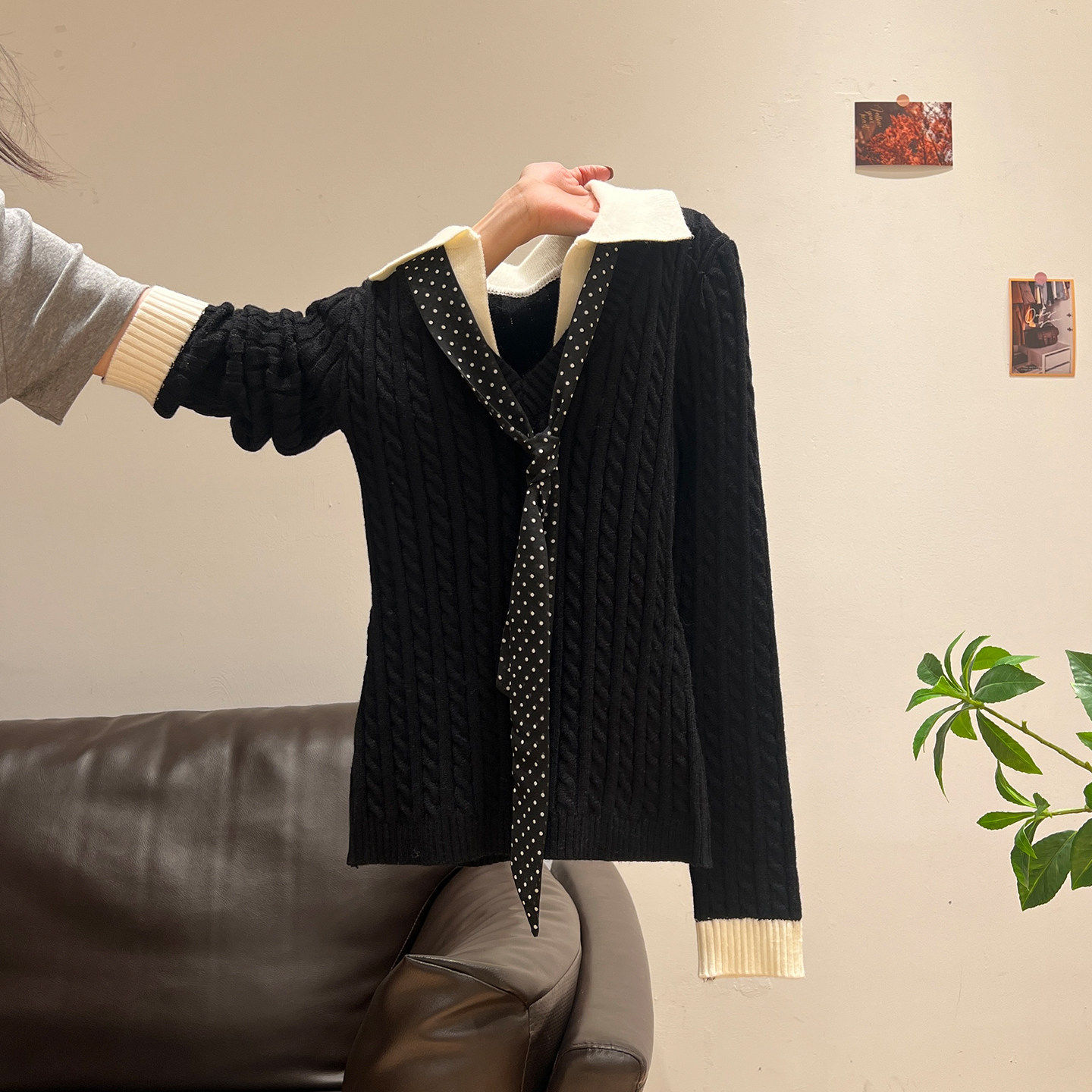 黑色假两件翻领针织长袖毛衣女2025秋冬内搭打底衫修身学院风上衣,个性定制/设计服务/DIY,棉服工装,淘宝优惠券,粉丝福利购,淘宝优惠卷