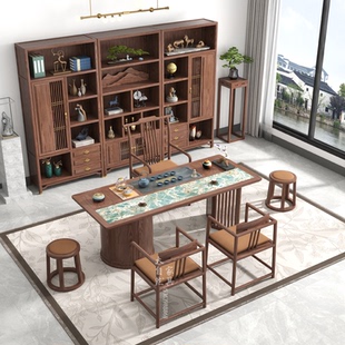 白蜡木新中式 茶桌椅博古架茶室乌金实木喝茶功夫茶台泡茶一体组合